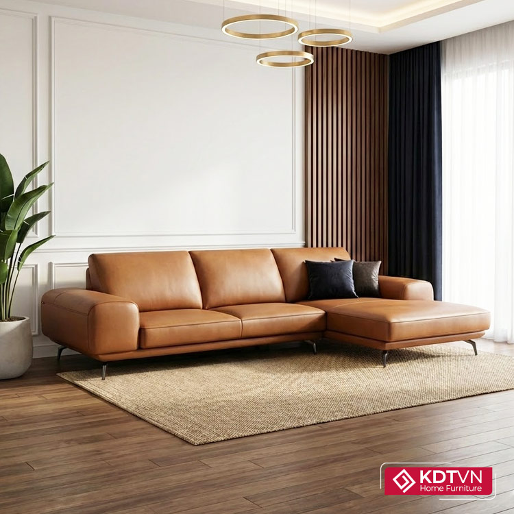 Sofa da phòng khách sang trọng KD330 5 Sofa da chữ L màu cam da bò hiện đại KD330