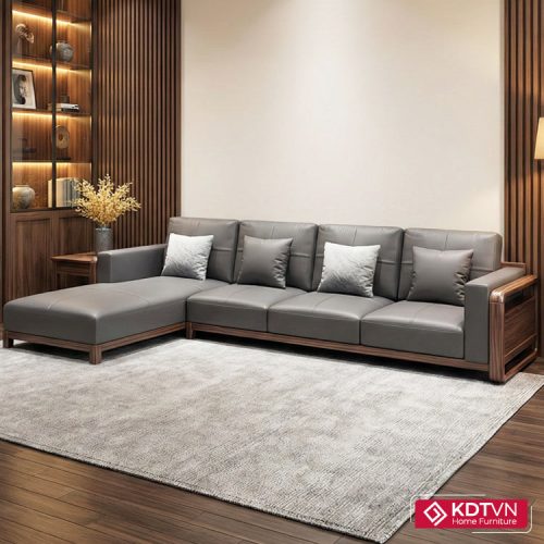 Sofa góc gỗ phòng khách đệm da G24