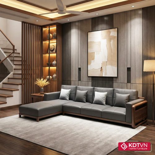 Sofa góc gỗ phòng khách đệm da G24