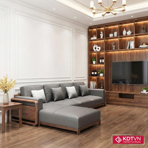 Sofa góc gỗ phòng khách đệm da G24