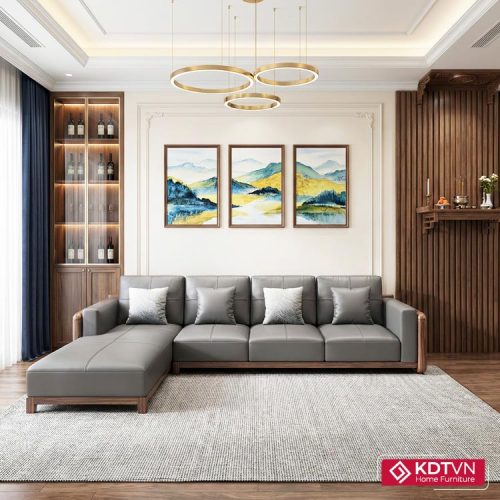 Sofa góc gỗ phòng khách đệm da G24
