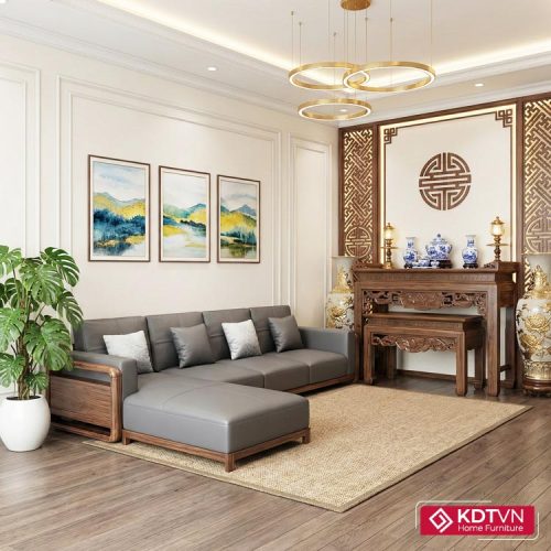 Sofa góc gỗ phòng khách đệm da G24